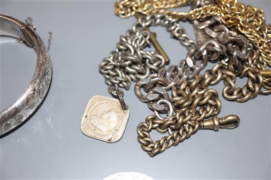 A modern silver identity bracelet, a modern silver bangle, three gilt alberts and a commemorative coin.